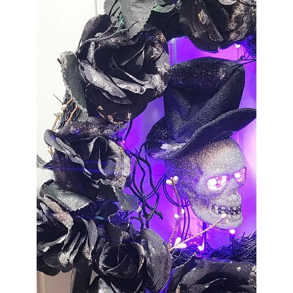 Halloween Purple LED Black Grapevine Wreath Silver Skull Flowers Branches 16